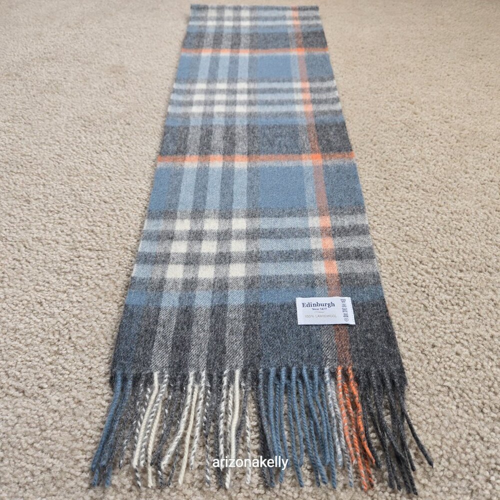 NWOT Edinburgh Lambswool Scarf Plaid Blue, Grey, and Orange Wool - Picture 5 of 8